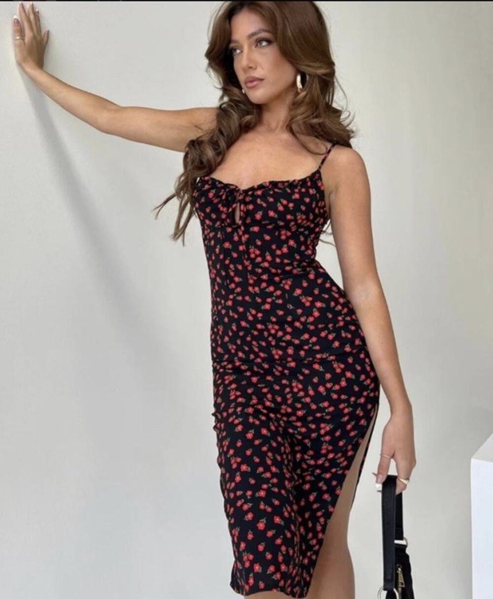 Princess Polly Black Slip Dress with Red Rose Print Size 4
